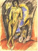 Standing female nude in frot of a tent, Ernst Ludwig Kirchner